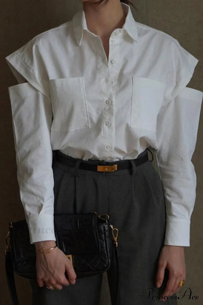 Cutout Long Tops Blouse White With Sleeves Blouses