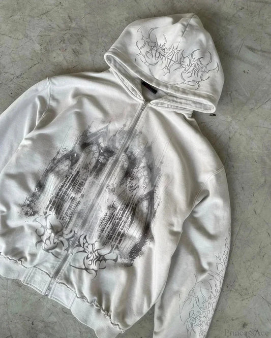 Dark Aesthetic Print Zip Hoodie white / M