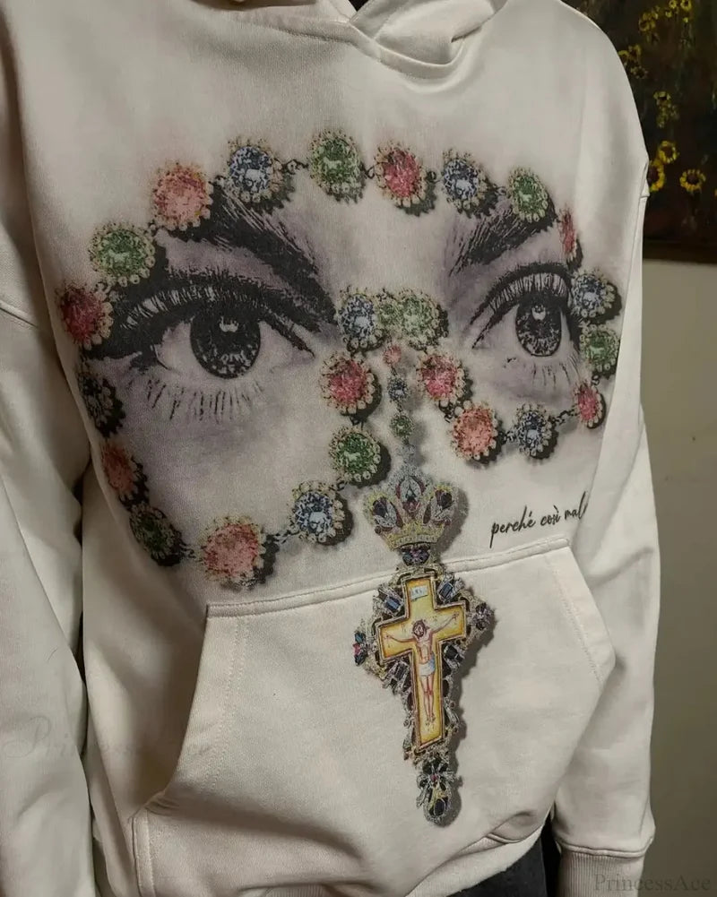 Dark Eyes Print Athletic Hoodie white2 / S