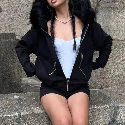 Dark Furry Collar Zip Hoodie Black / M