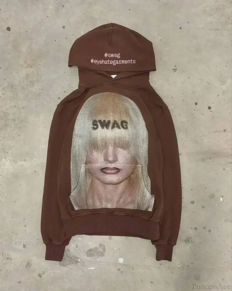 Dark Informal Print Oversized Hoodie Brown / M