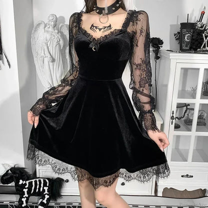 Dark Lace Trim Small Dress Black / S