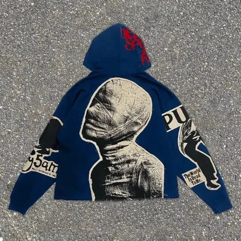 Dark Mummy Print Oversized Hoodie blue / S