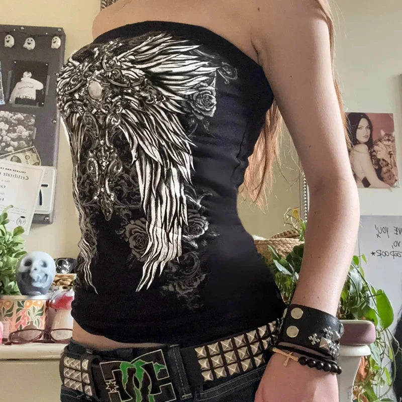 Dark Print Strapless Ebony Crop Top Black / S