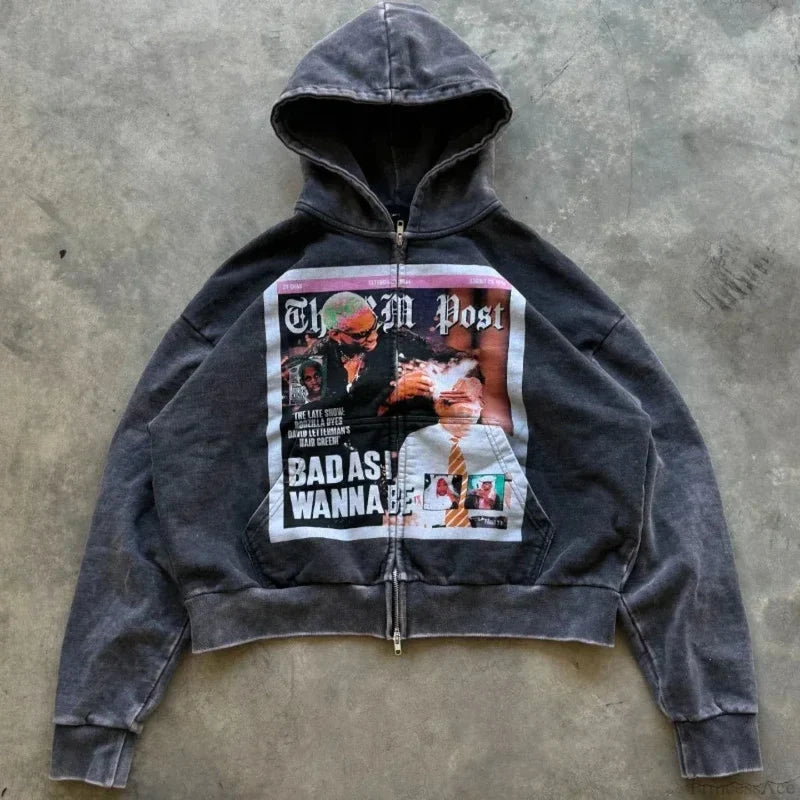 Dark Rebel Pattern Zip Hoodie Black / S
