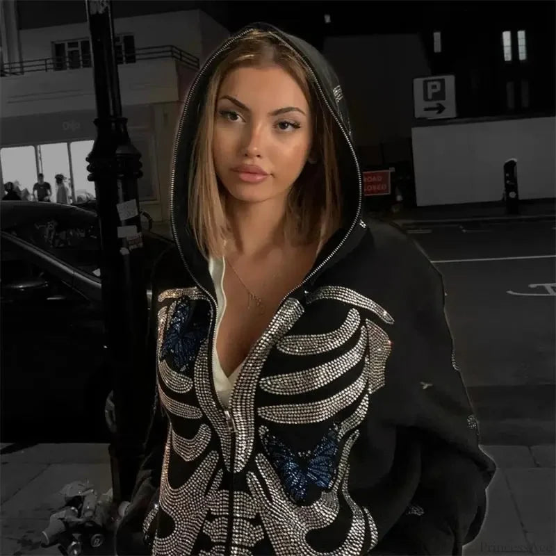 Dark Skeleton Butterfly Zip Hoodie Black / S