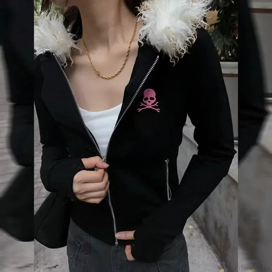 Dark Skull Print Zip Hoodie black / S