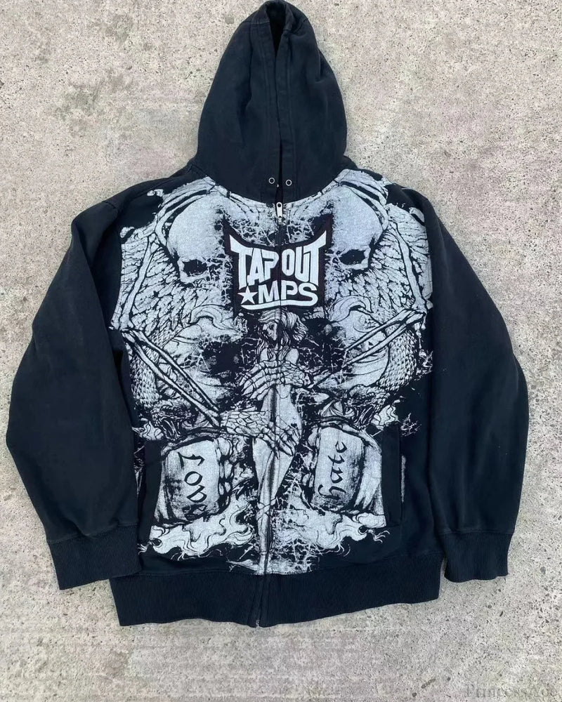 Dark Skull Print Zip Hoodie black2 / S