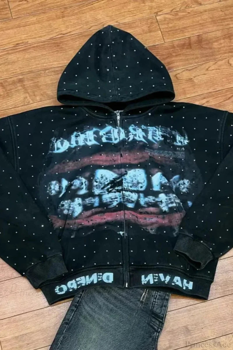 Dark Sparkling Sequin Zip Hoodie Black2 / S