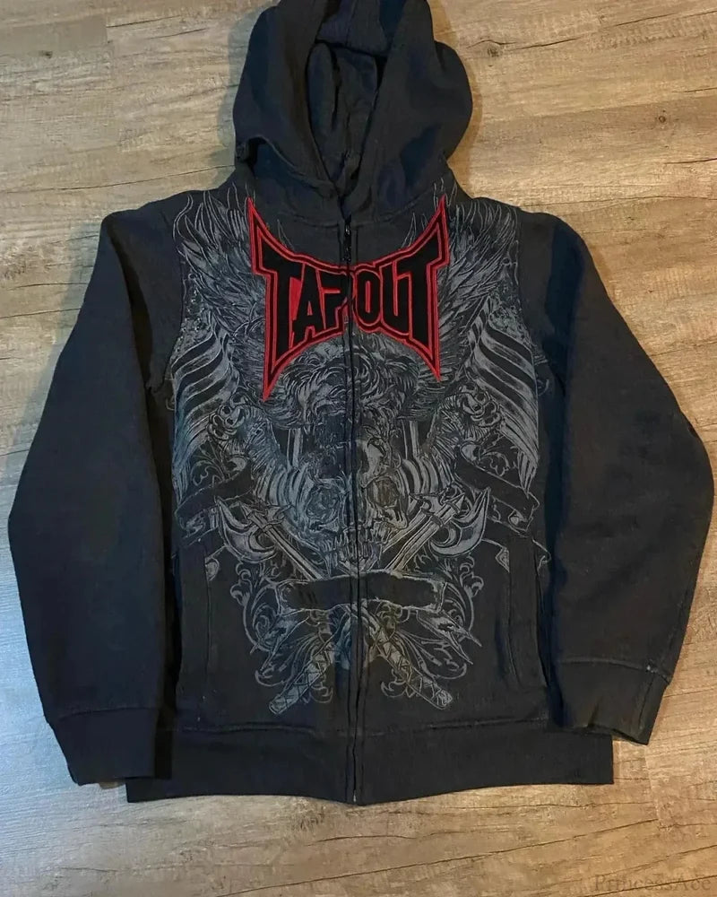 Dark Vintage Letter Print Zip Hoodie black3 / S