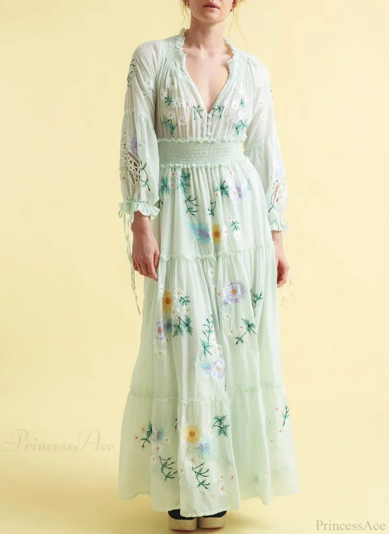 Deep V Long Sleeve Casual Dress Light green / S bohodress-250126