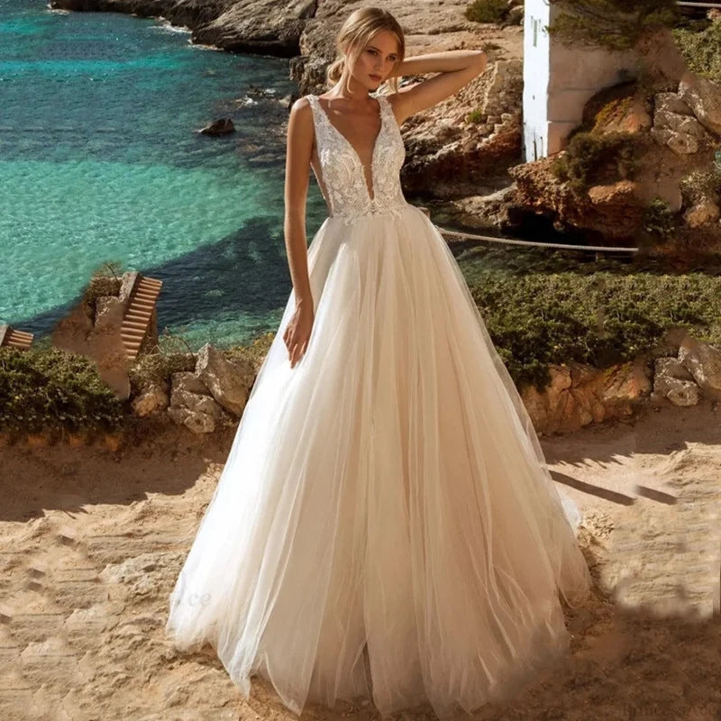 Deep V-Neck Backless Sheer Wedding Dress White / 2 weddingdress-250223