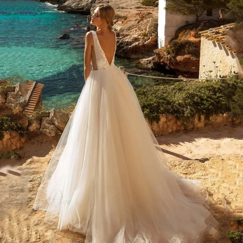 Deep V-Neck Backless Sheer Wedding Dress lvory white / 2 weddingdress-250223