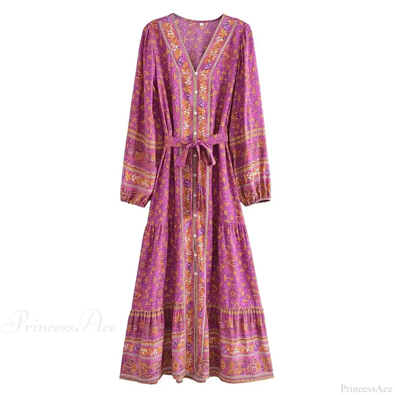Deep V-neck Floral Long Sleeve Cotton Boho Dress Red / S bohodress-250126