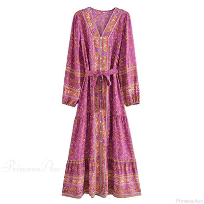 Deep V-neck Floral Long Sleeve Cotton Boho Dress Red / S bohodress-250126