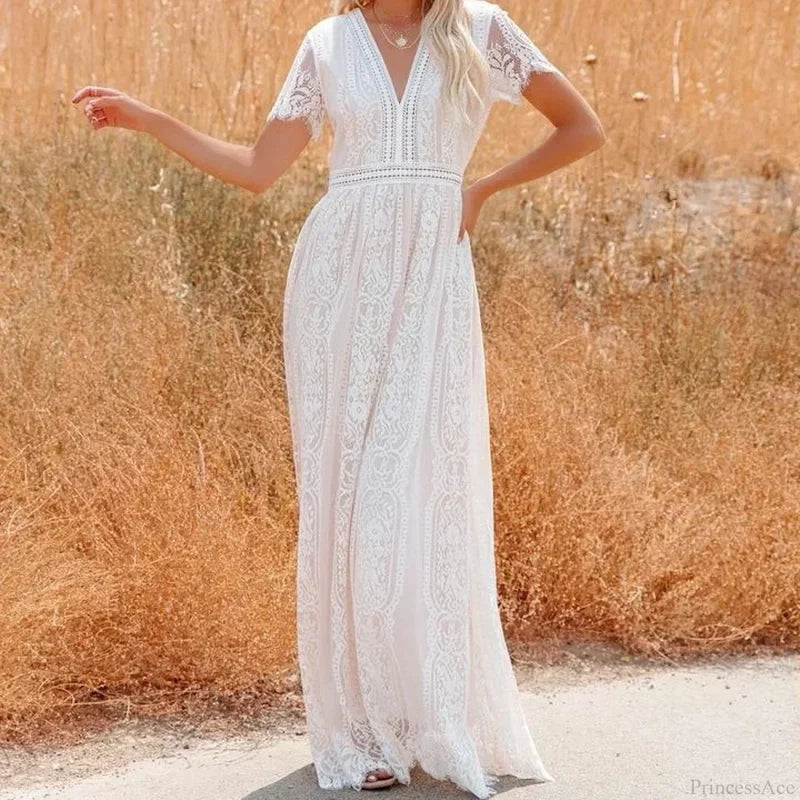 Deep V-neck Lace Hollow Out Vintage White Boho Dress bohodress-250126