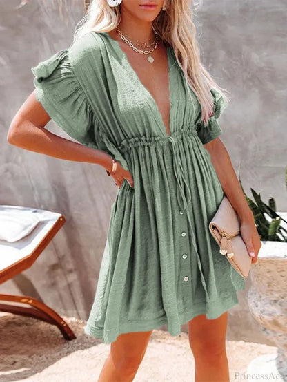 Deep V-Neck Ruffle Lace Up Beach Cover Up color10 / One Size