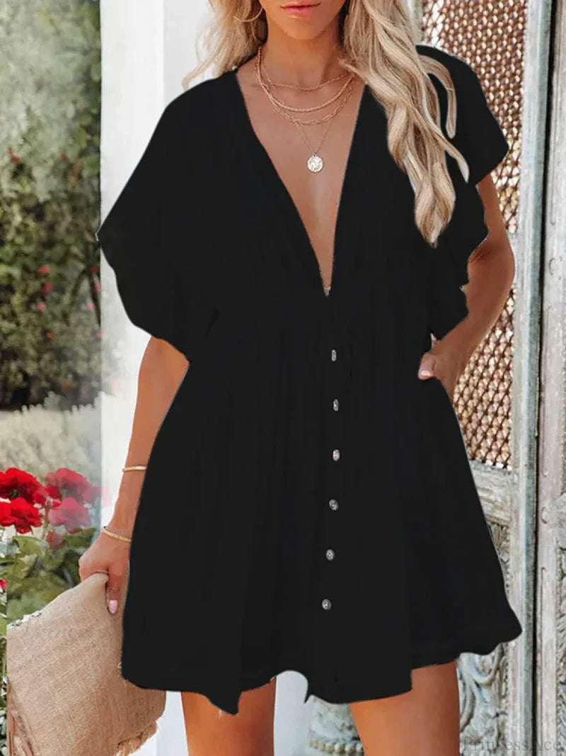 Deep V-Neck Ruffle Lace Up Beach Cover Up color6 / One Size