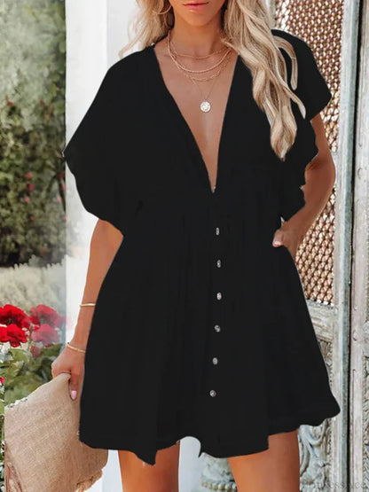 Deep V-Neck Ruffle Lace Up Beach Cover Up color6 / One Size