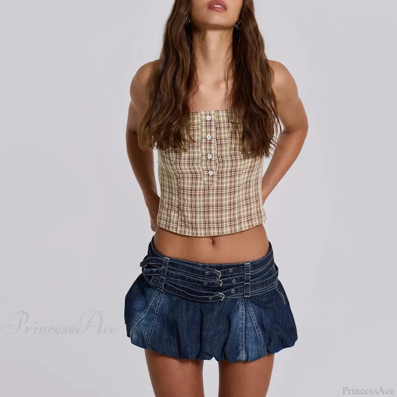 Denim Ruffle Buckled Belted Skirt skirts-250223