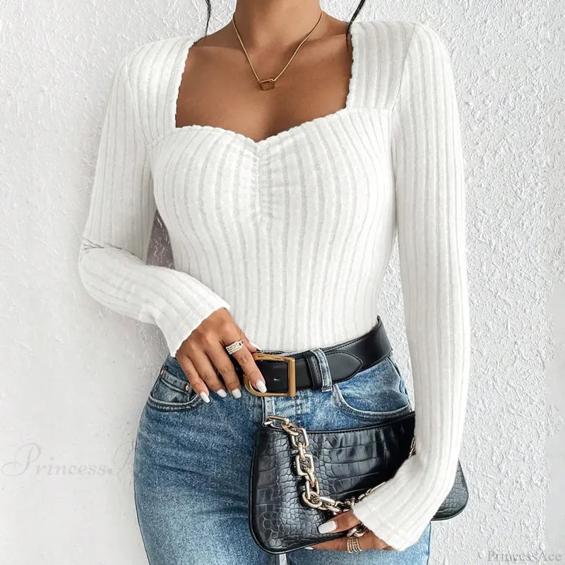 Diamond Collar Casual Knitted Long Sleeve T-shirt Women white / XS knittop-250126