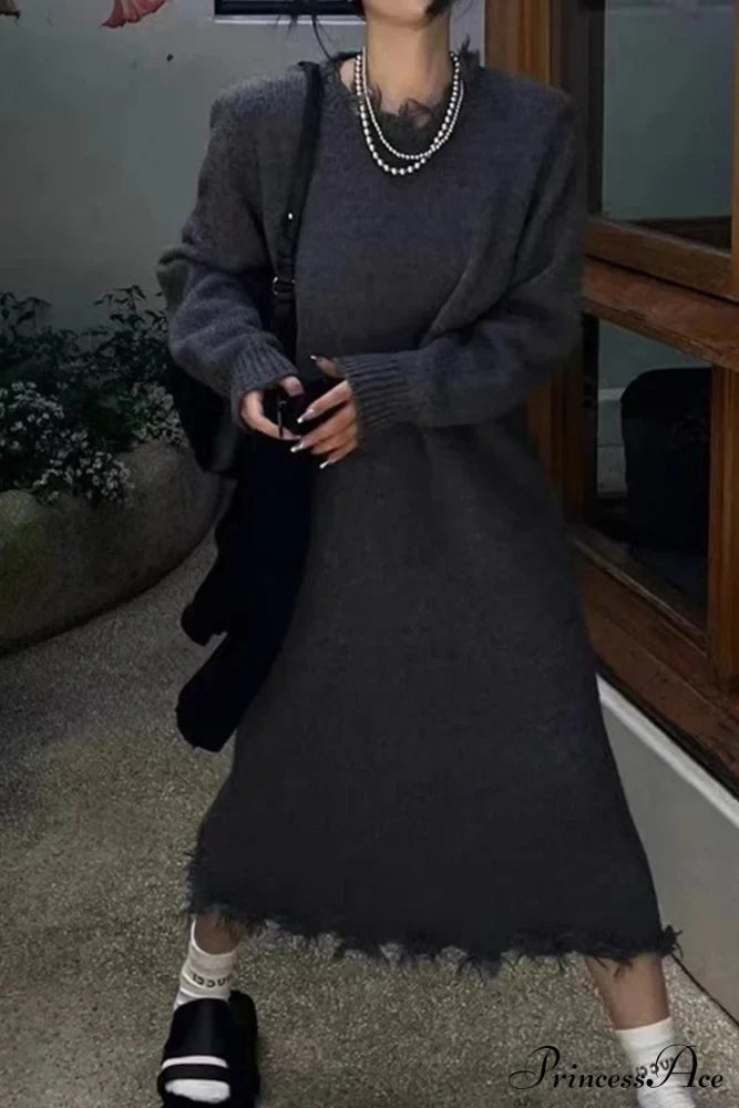 Distressed Raw Edge Knit Dress Grey / One Size Midi Dresses