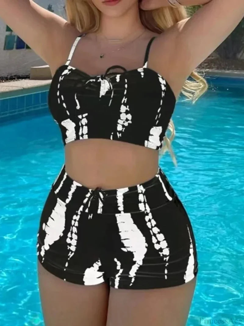 Drawstring Front Shorts Two Piece Set Black-2 / S