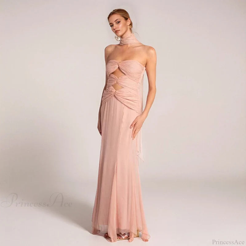 Early Fall Fish Tail Hollow Chiffon Prom Dress pale pinkish pink / XS promdress-250223