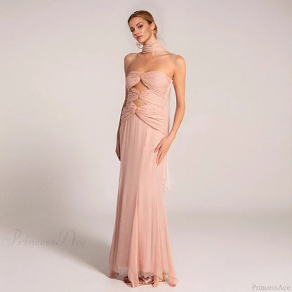 Early Fall Fish Tail Hollow Chiffon Prom Dress pale pinkish pink / XS promdress-250223
