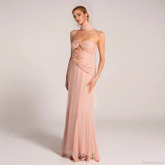Early Fall Fish Tail Hollow Chiffon Prom Dress pale pinkish pink / XS promdress-250223