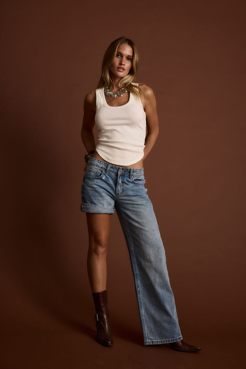 Additional view of the Eastwood Light One Legged Boyfriend Jeans from a different perspective.