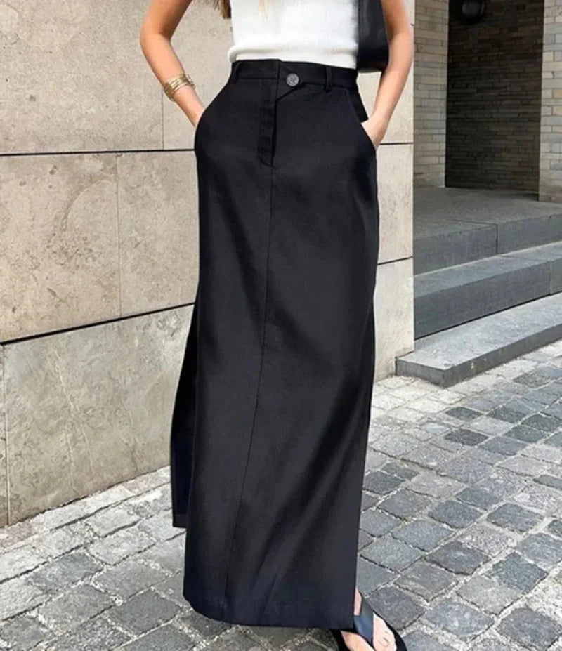 Elastic Button Cotton Split Skirt skirts-250223