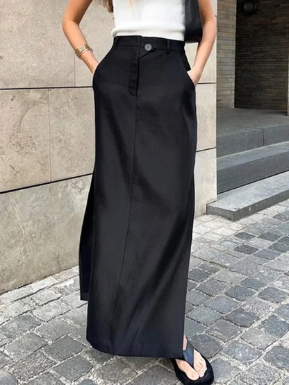 Elastic Button Cotton Split Skirt Black / S skirts-250223
