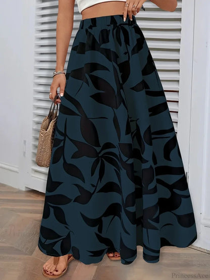 Elastic Waist Flowers Printed Women’s A-line Skirt Summer Elegant Blue / S skirt-250126