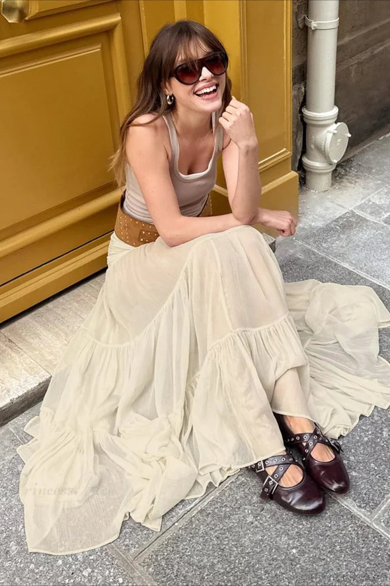 Elastic Waist Ruching A-Line Skirt Off White / S