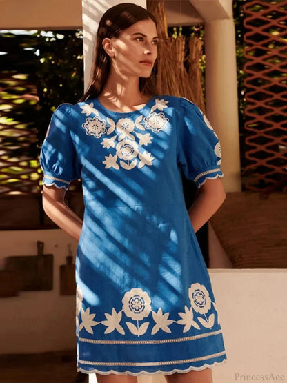 Elegant Embroidered Wave Edge Floral Dress blue / S oldfloraldress-250126