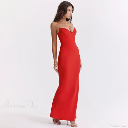 Elegant Fishbone Slim Sheath Fishtail Maxi Dress Red / S