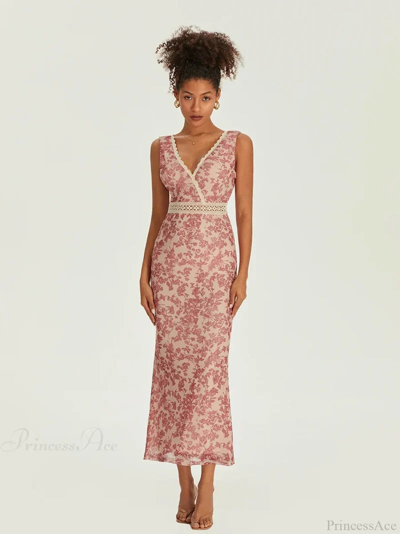 Elegant Floral Fishtail Lace Trim Wrap V-neck Bodycon Floral Dress Pink / S floraldress-250126