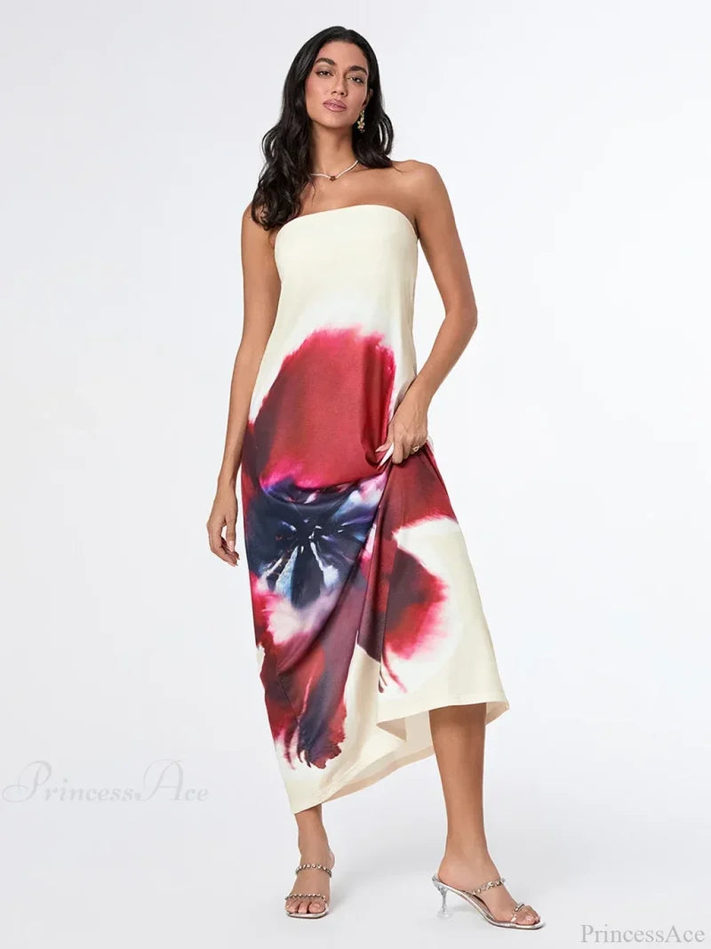 Elegant Floral Strapless Loose Fit Floral Dress floraldress-250126