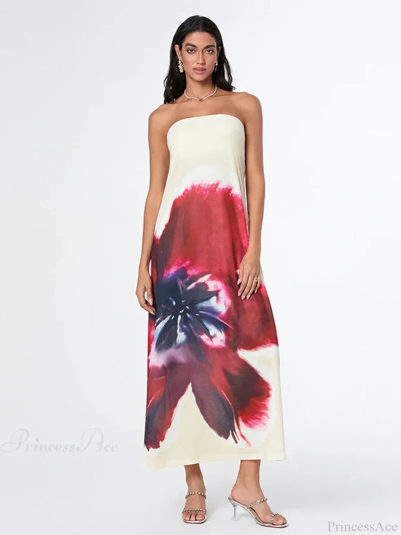 Elegant Floral Strapless Loose Fit Floral Dress WHITE1 / S floraldress-250126