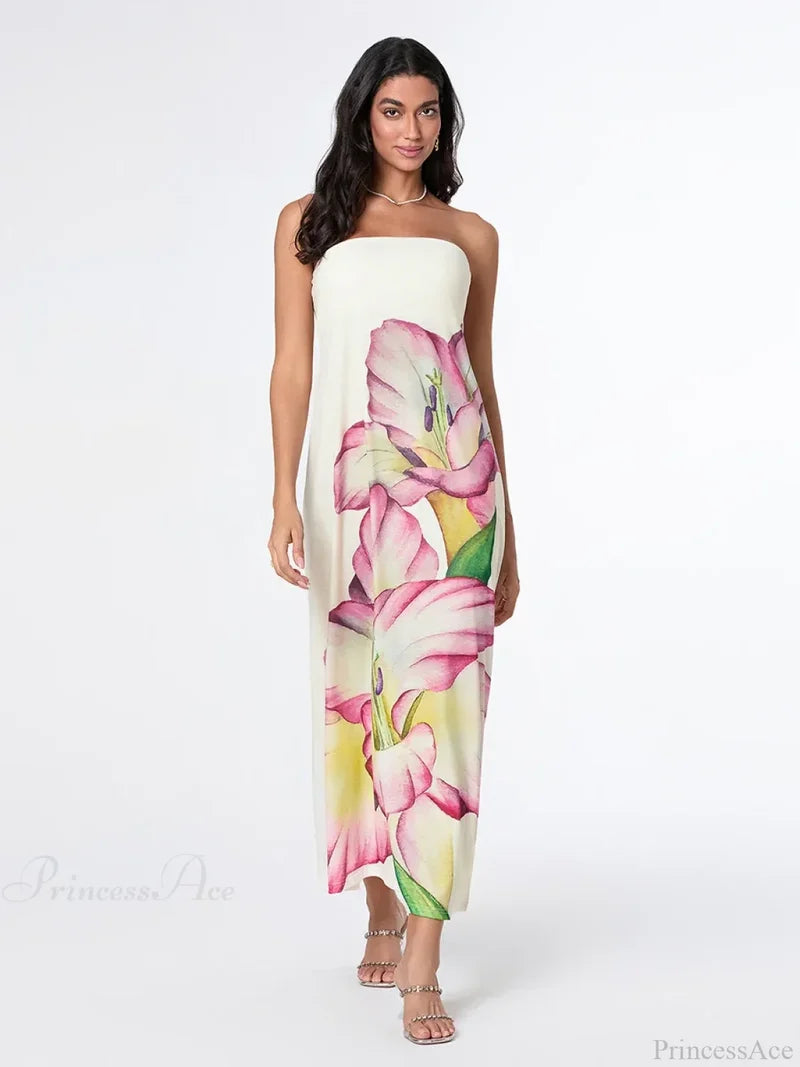 Elegant Floral Strapless Loose Fit Floral Dress WHITE2 / S floraldress-250126