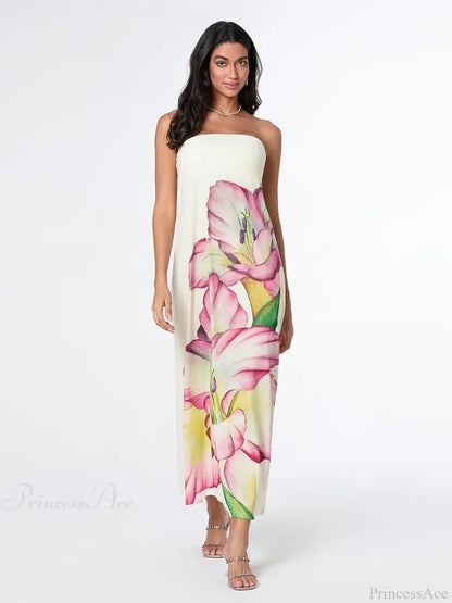 Elegant Floral Strapless Loose Fit Floral Dress WHITE2 / S floraldress-250126