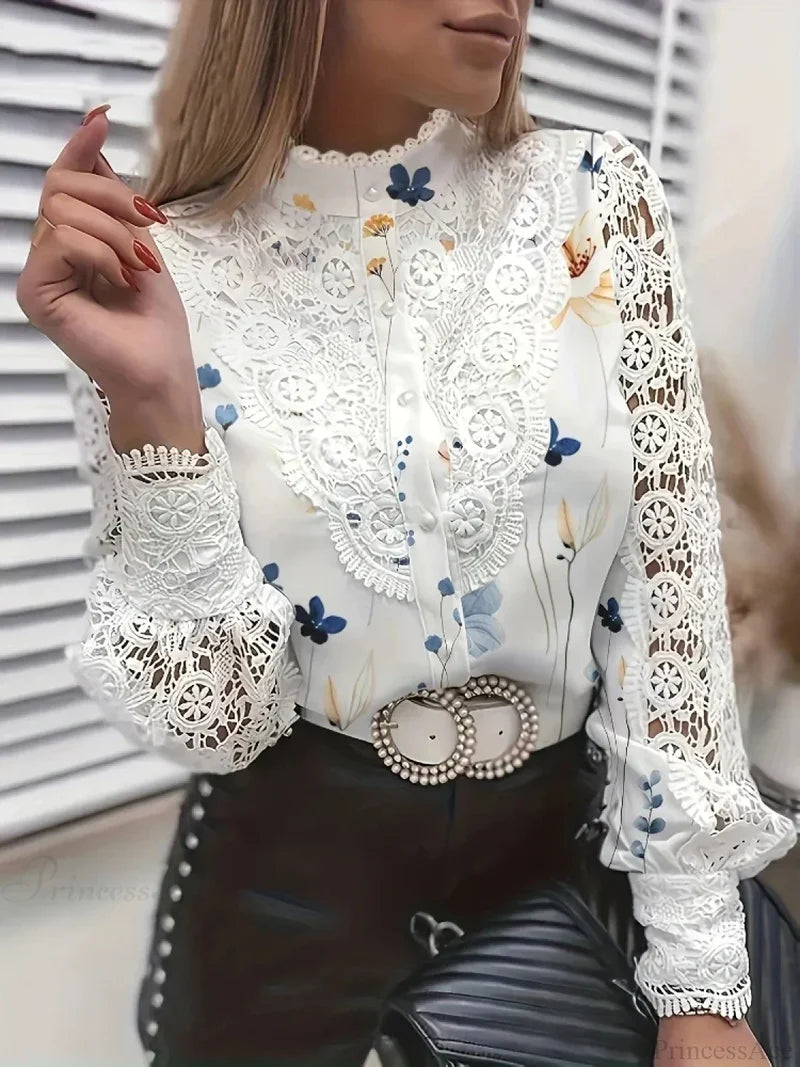 Elegant Lace Patchwork White Blouse blouse-250126
