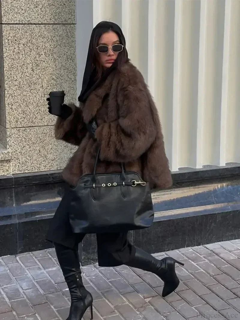 Elegant Lapel Fluffy Long Coat