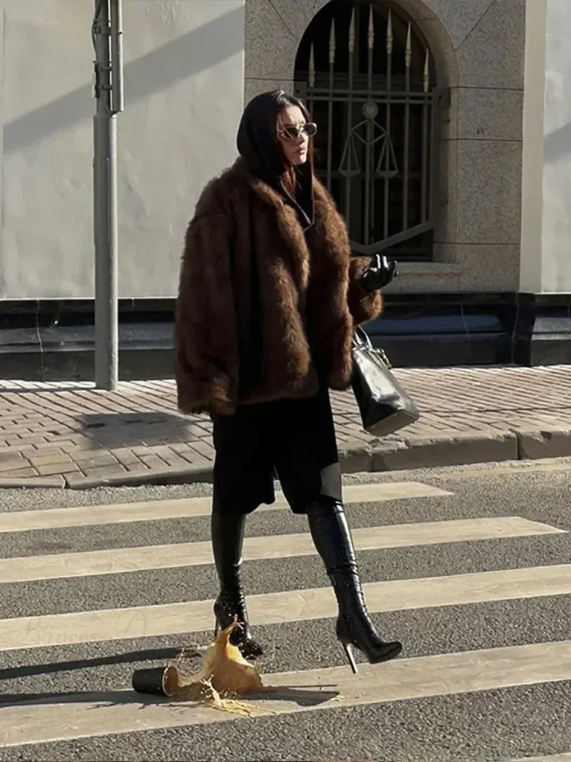 Elegant Lapel Fluffy Long Coat