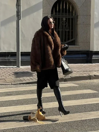 Elegant Lapel Fluffy Long Coat