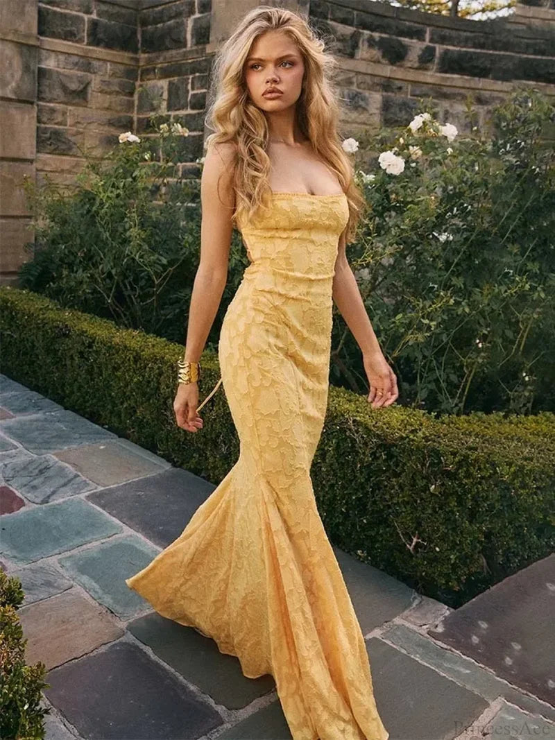 Elegant Maxi Mermaid Spaghetti Strap Dress Yellow / S vacationdress-250223