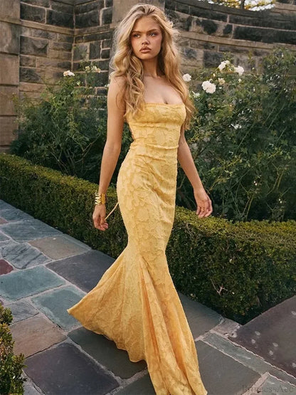 Elegant Maxi Mermaid Spaghetti Strap Dress Yellow / S vacationdress-250223
