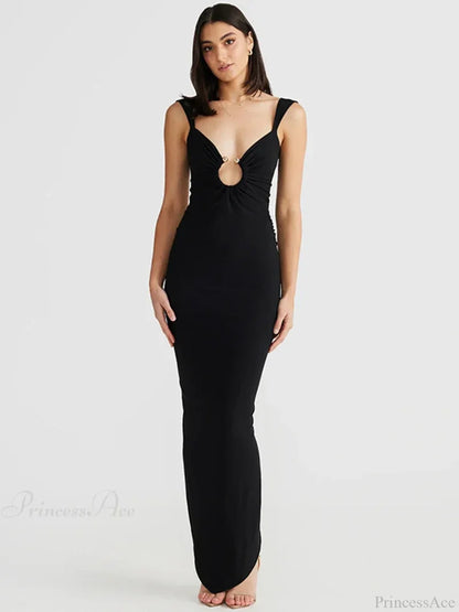 Elegant Maxi Spaghetti Strap Vacation Dress Black / S vacationdress-250223