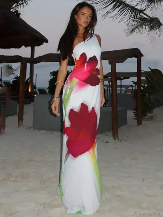 Elegant One Shoulder Backless Maxi Floral Dress floraldress-250126